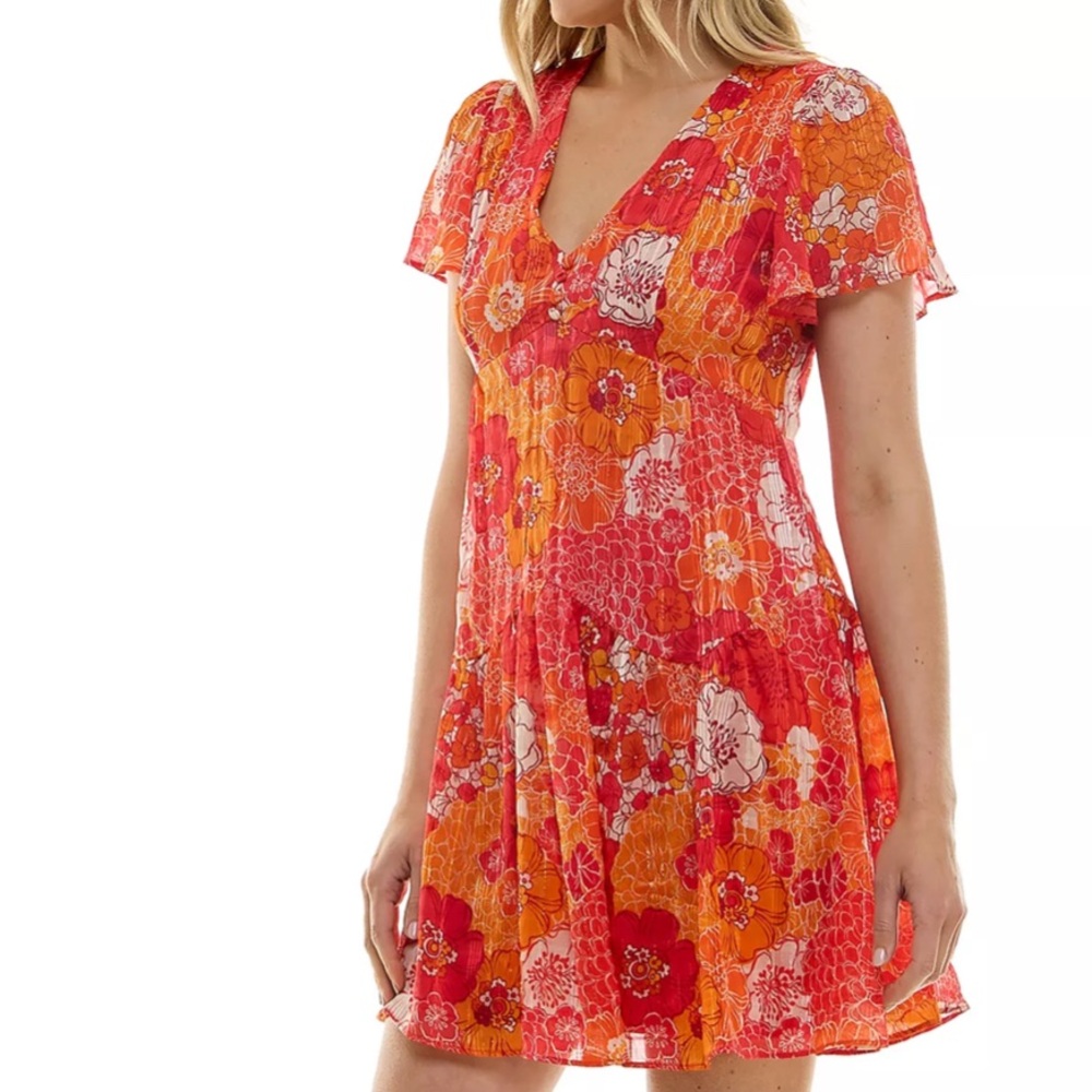 🍊 Taylor Printed Chiffon Metallic Floral Mini Dress – Size S 🍊